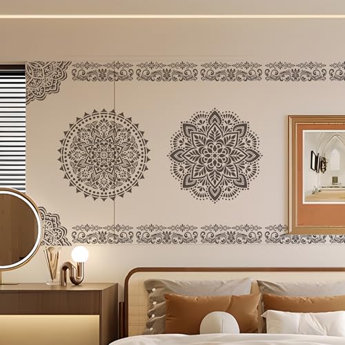 Sitsink Mandala Stencils for Crafts Reusable - 9 Pcs Border Stencils for Wall Decor Large Mandala Pattern Template Home Decor Furniture Rug Table Painting - style: border with mandala