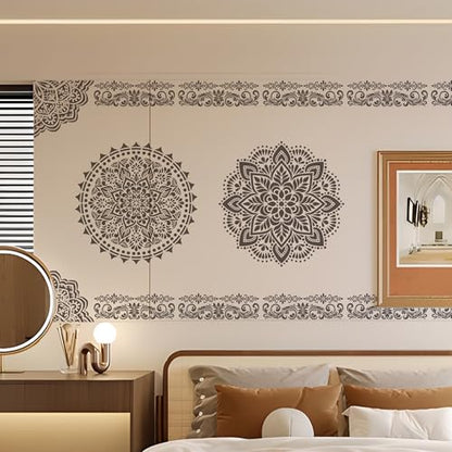 Sitsink Mandala Stencils for Crafts Reusable - 9 Pcs Border Stencils for Wall Decor Large Mandala Pattern Template Home Decor Furniture Rug Table Painting - style: border with mandala