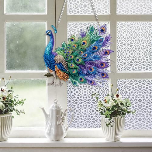 STGLCR Peacock Diamond Art Hanging Kit for Adult,Special Shaped Rhinestone,DIY Acrylic 5D Diamond Art Painting Window Pendants Home Garden Wall Hanging Kits Hanging Ornament,Double Sided. - color: peacock