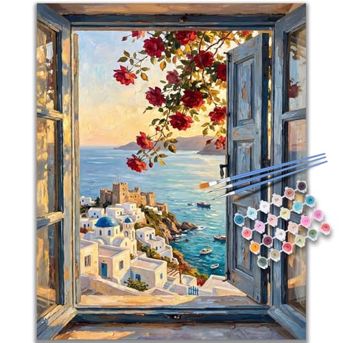 Kalonyth Window View Paint by Numbers Kit for Adults, 16x20 inch, No Framed | Seaside Town Adult Paint by Number Kits on Canvas, DIY Acrylic Painting, Stress Relief Craft Kits, Home Wall Decor Gift - color: OP-US04
