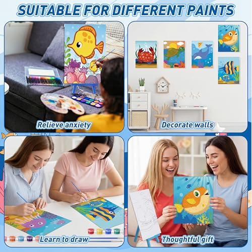 Blosssound 10 Set Pre Printed Canvas Pre Drawn Canvas Painting with Easel Kits 5" x 7" Outline Painting Panels for Beginners, DIY Craft Project, Home Decors(Ocean) - style: Ocean