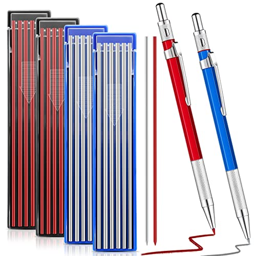 Gersoniel 2 Pcs Welders Pencil 48 Refills,Red, Silver | Mechanical Metal Welding Marker for Tube Pipe Fitter Welder, Refillable Pen Steel Construction Woodworking, Marking Tool - color: Red, Silver