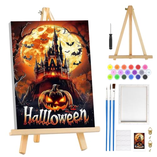 MOGTAA Halloween Paint by Numbers Kit for Adults Beginners with Frame, Castle Adult Paint by Number Kits on Canvas with Easel, Easy DIY Pumpkin Oil Painting Kits for Home Decor, 8x12in - color: Castle