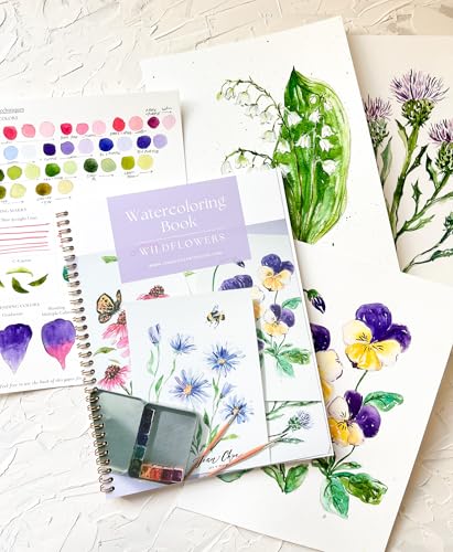 Wildflower Watercolor Workbook with Real Cold Press Cotton Watercolor Paper, Pre-Outlined Designs, Step-by-Step Instructions & Online Videos – Premium Botanical Art Book for Adults & Beginners - style: Wildflower