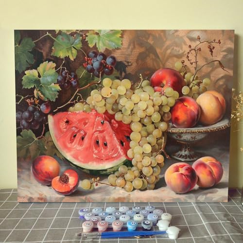 Tucocoo Fruits DIY Paint by Numbers for Adults Vintage Fruits DIY Digital Oil Painting Grape Watermelon Orange Peach Plum Painting Kits Canvas Acrylic Paint Funny Room Decor 16x20 Inch （DIY Frame ） - color: Wine Fruit 05, size: 16''x20''(DIY Frame)