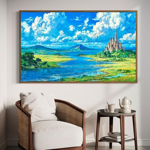 DDGEMART 5D Diamond Painting Kit for Adults, Full Drill Fantasy Castle Wilderness River Meadow Landscape Art for Beginners, Large Horizontal 28x16 inch - color: Fantasy Castle Wilderness