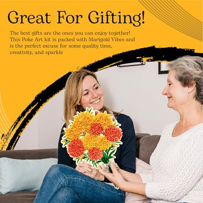 Unwynd Poke Art Marigold Flower Bouquet Kit for Adults, Women and Teens | Hobby activity, brain puzzles, adult, 12 illustration sheets, 12 pages of stickers, 12 colour pages Rubbing Plates & Supplies - style: Marigold
