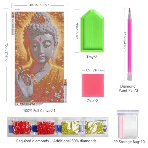 ARTGOTO Buddha Diamond Painting Kit for Adults 15.7 x 27.5 Inch | Large 5D Full Square Drill Diamond Art Kit, Golden White Buddha DIY Gem Art Canvas with 2 Tool Sets, 30% Extra Diamonds - color: AGT003
