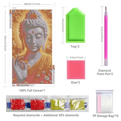 ARTGOTO Buddha Diamond Painting Kit for Adults 15.7 x 27.5 Inch | Large 5D Full Square Drill Diamond Art Kit, Golden White Buddha DIY Gem Art Canvas with 2 Tool Sets, 30% Extra Diamonds - color: AGT003