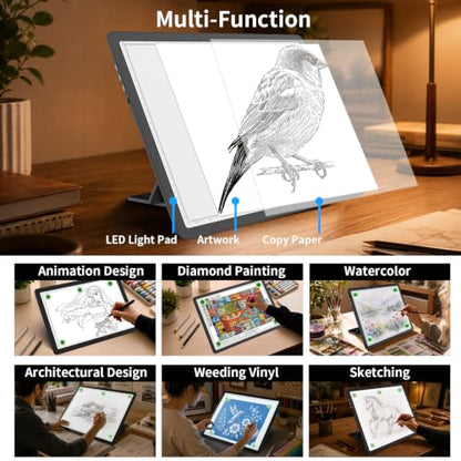 LEACUBER Rechargeable A3 Light Pad with Stand, Super Bright Magnetic Tracing Light Box with Side Buttons, Diamond Art Light Board for Diamond Painting, Light Table for Sketching, Weeding Vinyl Black - size: A3
