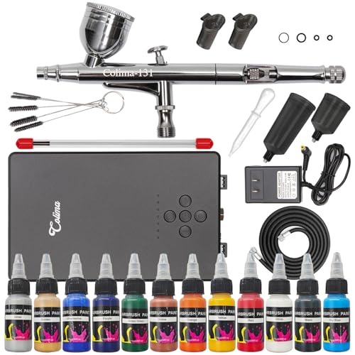 Colima Airbrush Kit, 27PSI Air Brush Gun Set with Air Compressor & 12 Paint | 7 Pressure Levels Ultra-Quiet Dual-Action Airbrush Gun Kit with Cleaning Kit for Models Painting Makeup Nail Art & Cake Decor - color: 27psi airbrush kit with 12pc paint