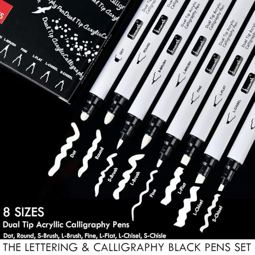 Brusarth Calligraphy Pens, Dual Tip White Acrylic Brush Pens, 8 Size | Calligraphy Pens set for for Beginners, Hand Lettering Pen for Art Drawing, Writing, Sketching, Scrapbooking - color: White