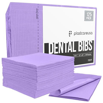 PlastCare USA Disposable Dental Bibs 13"x18" (125 Pack) - 3 Ply Waterproof Tattoo Bib Sheet for Patients - Dentist or Medical Tray Cover and Nail Table Cover Supplies, Lavender Purple - color: Purple