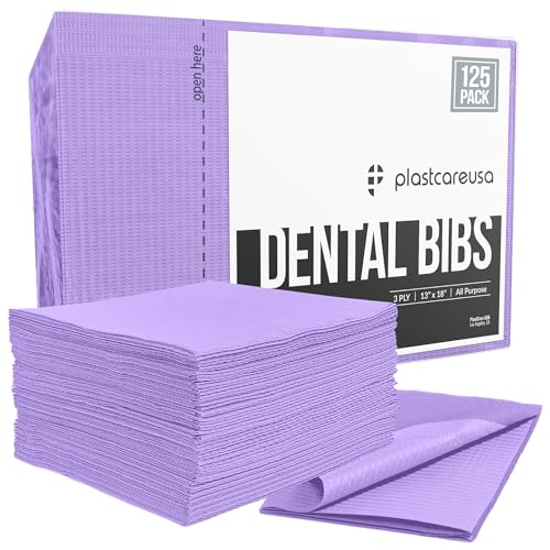PlastCare USA Disposable Dental Bibs 13"x18" (125 Pack) - 3 Ply Waterproof Tattoo Bib Sheet for Patients - Dentist or Medical Tray Cover and Nail Table Cover Supplies, Lavender Purple - color: Purple