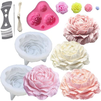 3PCS Rose Peony Flower Silicone Candle Molds 3D Rose Fondant Mold with Large-Eye Wicking Needle,Candlewick Soap Molds Epoxy Resin Casting Candle Molds Chocolate Cake Dessert Decor Art Crafts - color: Rose-Peony