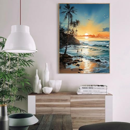 MIRCVSH Beach Paint by Number Kit, Framed Landscape for Adults, 12x16 Inch on Canvas with Wooden Easel - color: DKH166