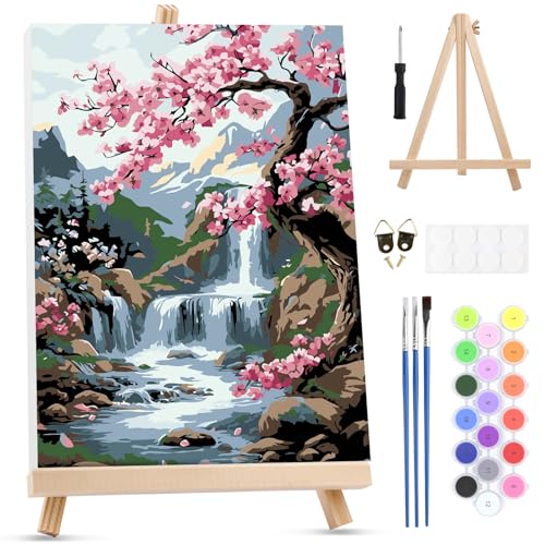 MXJSUA Flowers Tree Waterfall Framed Paint by Numbers for Adults Beginners, Easy Adults' Paint-by-Number Kits on Canvas with Easel, Acrylic Number Painting Crafts Gifts for Home Decor, 8x12 inch - color: Flowers Tree Waterfall