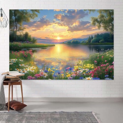 6X4ft Lake Natural Scenery Backdrop Spring Natural Scenery Flowers Landscape Mountain Forest Trees Flower Blue Sky Photography Background Picnic Camping Hiking Spring Travel Vacation Backdrop - color: Green, size: 6x4FT