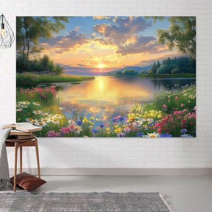 6X4ft Lake Natural Scenery Backdrop Spring Natural Scenery Flowers Landscape Mountain Forest Trees Flower Blue Sky Photography Background Picnic Camping Hiking Spring Travel Vacation Backdrop - color: Green, size: 6x4FT