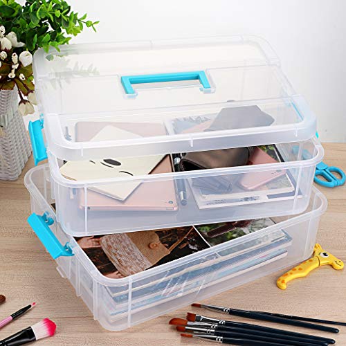 JUXYES 2-Tiers Plastic Stack Carry Storage Containers Box wih Handle Lids - color: Blue