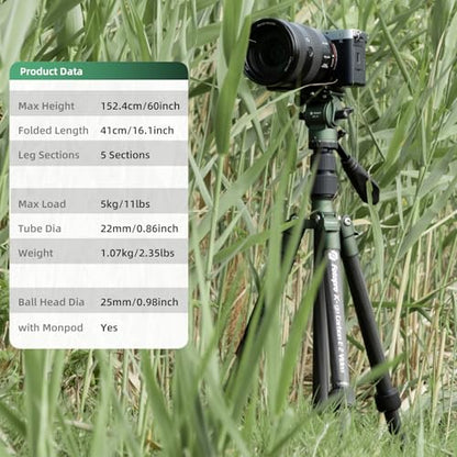 Fotopro 62" Carbon Fiber Travel Tripod, Lightweight Compact Video Tripods with Fluid Head, Detachable Monopod with Arca-Swiss Quick Release Plate and Bag, Camera Tripod Load up to 8KG/17.63lbs, Green - color: Green, size: 62" Video (Carbon Fiber)