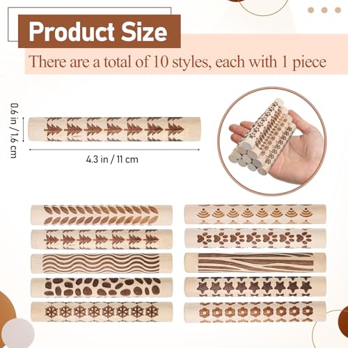 10 Styles Clay Texture Roller Bulk 4.3 X 0.6" 3D-Printed Clay Pottery Tools | Wooden Pottery Stamp Natural Color Handmade Potterys Tools and Supplies for DIY Handicrafts