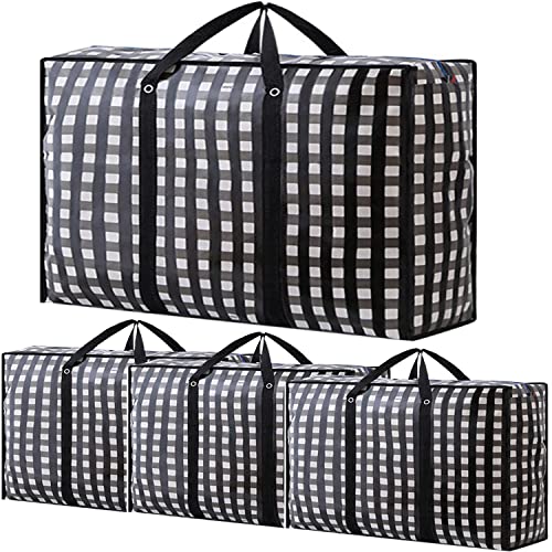 Heavy Duty Large Moving Bags - 162L Big Organizer Storage Bags With Durable Zipper, Waterproof Oversized Jumbo Organizers for Clothes, Bedding, Comforter, Pillow (Set of 4) - color: Black and white lattice, size: XX-Large