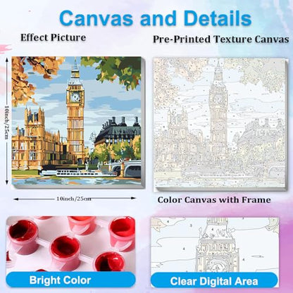 Artunion Framed Paint by Numbers Kit for Adults Beginners & Kids Ages 8-12,Big Ben Paint by Number with Frame,London City Paint by Numbers Kit on Canvas 10 * 10 Inch Without Easel - color: ZXT-241-F