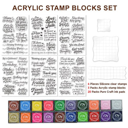 6 Pcs Greeting Words Clear Stamps for Card Making 20 Ink Pad | 3 Acrylic Stamp Block Silicone Stamp with Holiday Bless Happy Birthday Stamps for Crafting DIY Scrapbooking Journal - style: 29Pcs Greetings Blessings Stamps