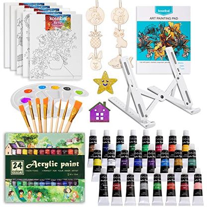 koseibal Kids Acrylic Paint Set with Canvas, Easel, More Art Supplies - color: 24 acrylic paints