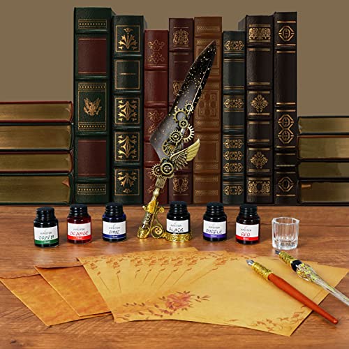 Aifeiter Feather Pen Ink Set - 6 Bottles of Ink, Quill Pen, Glass & Wooden Dipping Pens, 8 Sheets of Writing Paper, Envelope, Wax Granules, Round Wax, Seal, Spoon, Pen Holder (Grey) - color: Grey