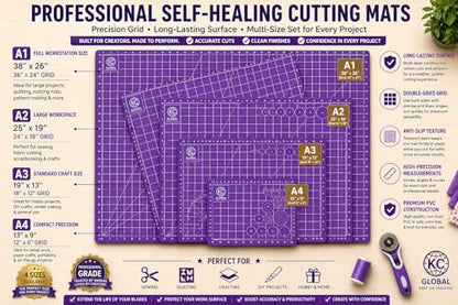 KC GLOBAL A1 (38"x26") Professional Grade Self-Healing Cutting Mat - Purple, Odor-Free, Reversible, Eco-Friendly, Durable, 2mm PVC Material, Premium Desk Mat for Crafters, Quilters, and Hobbyists - size: 38"L x 26"W