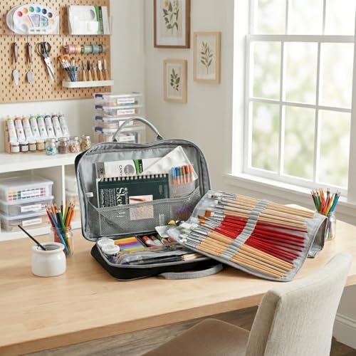 Everything Mary Art Supply Organizer Brush Case with Handle – Travel Art Bag with Brush Holder Roll, Multi-Pocket Craft Storage for Markers, Pens & Paint Supplies, Black
