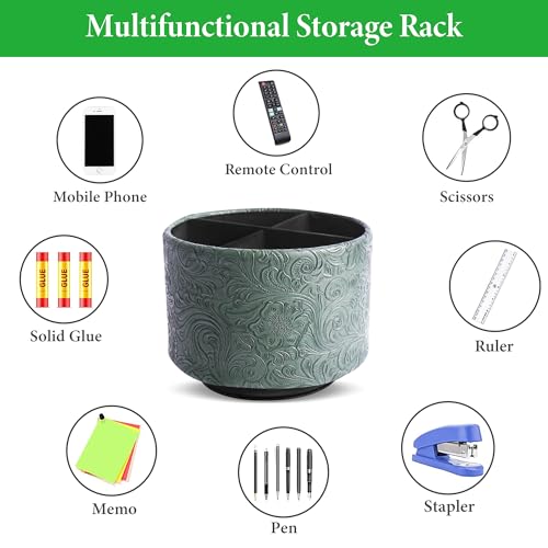 Round Leather Art Supply Organizer,Remote Control Holder,360 Degree Spinning,Multi-Functional Pencil Holder,4 Compartments Desktop Stationary Organizer(1-Carved Cooper Green) - color: 1-Carved Cooper Green