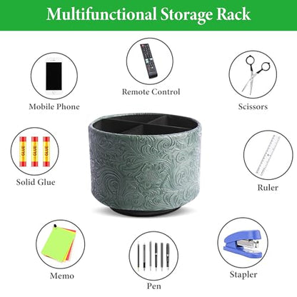 Round Leather Art Supply Organizer,Remote Control Holder,360 Degree Spinning,Multi-Functional Pencil Holder,4 Compartments Desktop Stationary Organizer(1-Carved Cooper Green) - color: 1-Carved Cooper Green