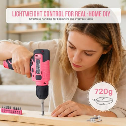 Hi-Spec Tool Set with 8V Drill Set Home DIY Repair & Maintenance, Pink - color: Pink, size: 70-Piece