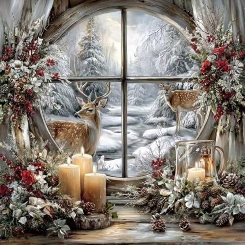 Xylogist Christmas Diamond Art Kits for Adults 14x14Inch | Deer Diamond Painting Kit, 5D Diamond Painting Christmas Window, DIY Full Drill Gem Art for Adults for Home Wall Decor - color: Christmas Deer, size: 13.8x13.8in(35x35cm)