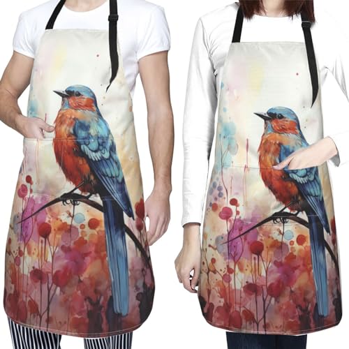 Art Apron with Pocket for Women Men | Kitchen Aprons Chef Apron for Cooking Baking BBQ Painting Gardening - color: Blue Bird Painting