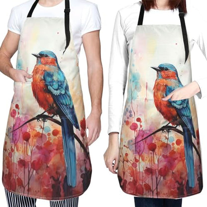 Art Apron with Pocket for Women Men | Kitchen Aprons Chef Apron for Cooking Baking BBQ Painting Gardening - color: Blue Bird Painting