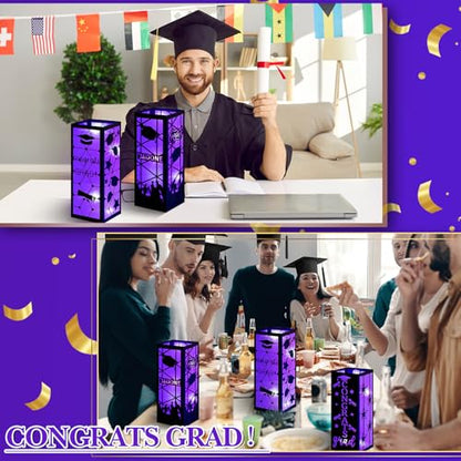 Feifeiya 4 Pcs 2026 Graduation Table Centerpieces Boxes Class of 2026 Graduation Table Lanterns with LED String Lights for Congrats Grad School College Party Supplies, 10.63 x 3.94 Inches(Purple) - color: Purple
