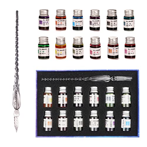 Glass Pen Set Calligraphy Dip Pens,12 Colorful Inks,Caligraphy Sets for Art, Writing, Signature, Decoration, Gift - color: Black-1