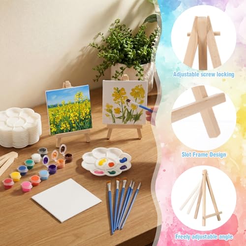Qilery 36 Set 4 x 4 Inch Mini Canvas Boards with Easel Painting Kit, Acrylic Paints Strips, Brushes, Palette, Oil Art Set for Acrylic Birthday Party Favors - size: 4 x 4 Inch