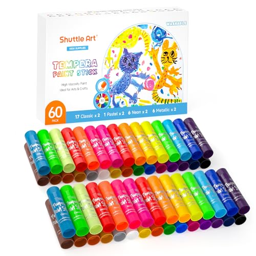 Shuttle Art Tempera Paint Sticks 60 Pack 30 Colors, Kids Safe, Washable | Fast Drying Solid Paint Sticks, Works Smoothly and Creamy on Paper, Wood, Glass, Ceramic and Canvas for Kids Art Creation