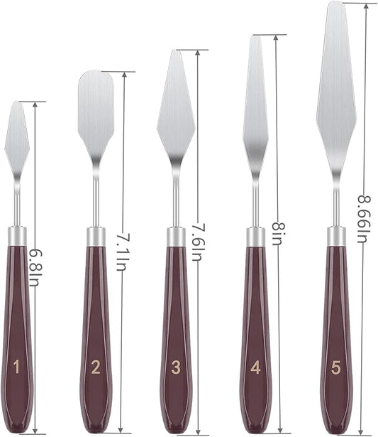 FUPUALL 5 Pieces Painting Knives Stainless Steel Spatula Palette Knife Oil Painting Accessories Color Mixing Set for Oil, Canvas, Acrylic Painting - color: Brown2
