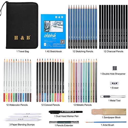 H & B 72PCS Drawing Supplies, Sketching Art Kit with A5 Sketchbook - Includes Graphite, Charcoal, Watercolor Pencils for Adults, Teens, Beginners & Kids