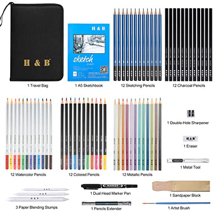 H & B 72PCS Drawing Supplies, Sketching Art Kit with A5 Sketchbook - Includes Graphite, Charcoal, Watercolor Pencils for Adults, Teens, Beginners & Kids