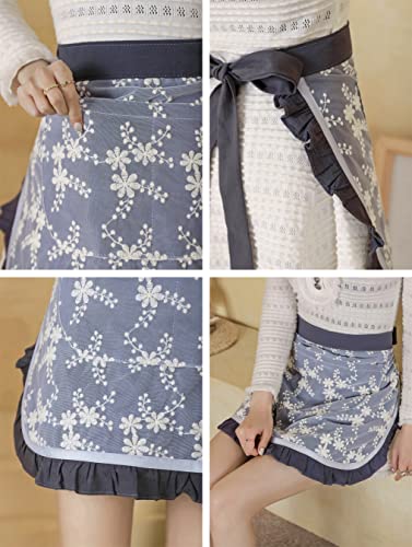 Unisex Chef Aprons White Retro Cotton Maid Short 2 Pockets Waist Waiter Waitress Half Apron - color: Grey-embroidered
