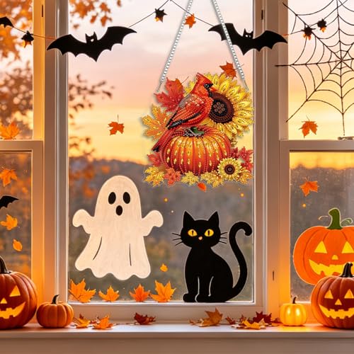 CEOVR Fall Cardinal Hanging Diamond Art for Adults, Cardinal Pumpkin Diamond Painting Pendant, DIY Special Shape Gem Art Window Ornament, Acrylic Home Wall Decor with Chain, Box Kit 7.87×7.87inch - color: 16-Cardinal
