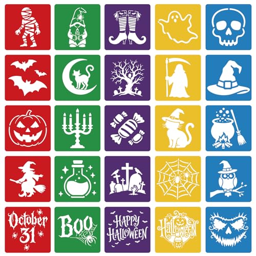 CUTHOLLOW 25PCS Halloween Pattern Elements Painting Shape Stencils Sets - 8 Inch Reusable&Washable Drawing Template, Different Primary Themed Sidewalk Chalk Art Stencils Kit for Craft Room Wall Paper - style: Halloween Elements
