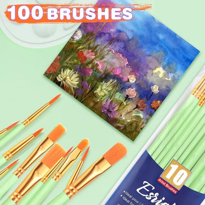 ESRICH Paint Brushes Set,10 Packs 100 Pcs Acrylic Paint Brush | Acrylic Oil Watercolor, Face Nail Art, Miniature Detailing,Rock Painting, Painting Artist Professional Kits, Green - color: Green, size: 100